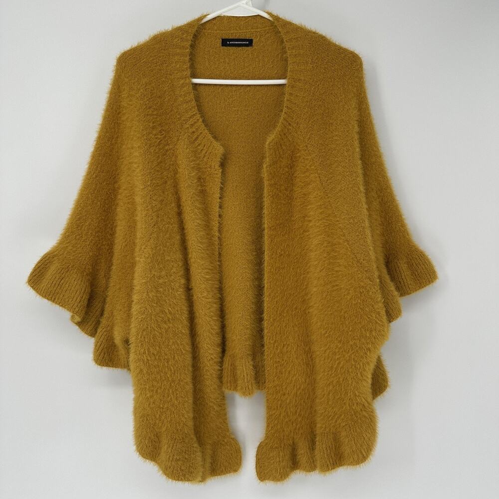 By Anthropologie Mustard Fuzzy Knit Cape Cardigan Poncho One Size